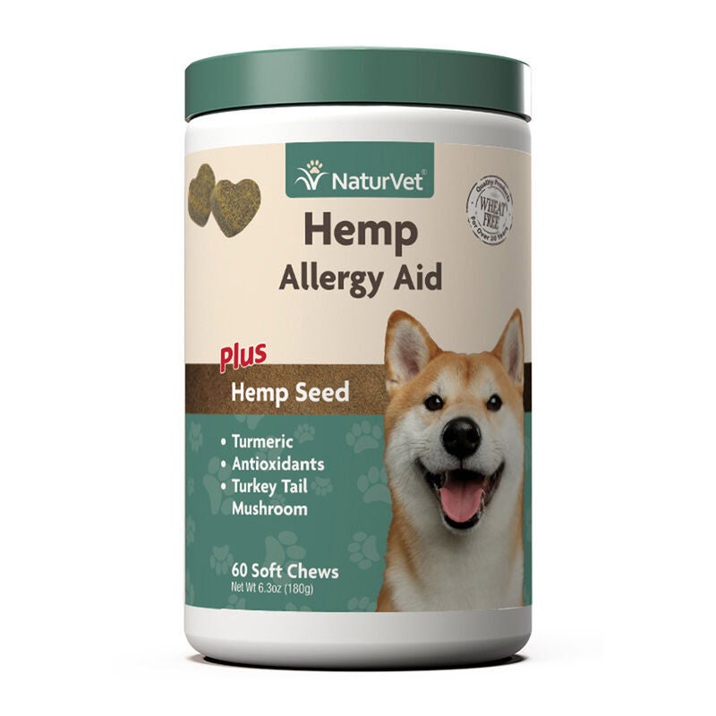 NaturVet Hemp Allergy Aid soft chews container.